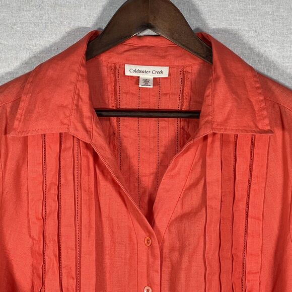 Coldwater Creek 100% Linen Collared Button-Front Pleated Top Size 2X Orange - Picture 3 of 15